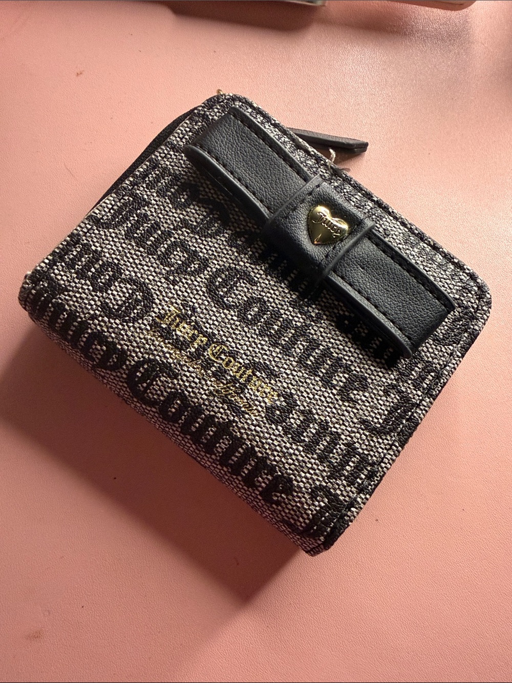 Coach Black and Gray Signature Zip Wallet with Bow Accent